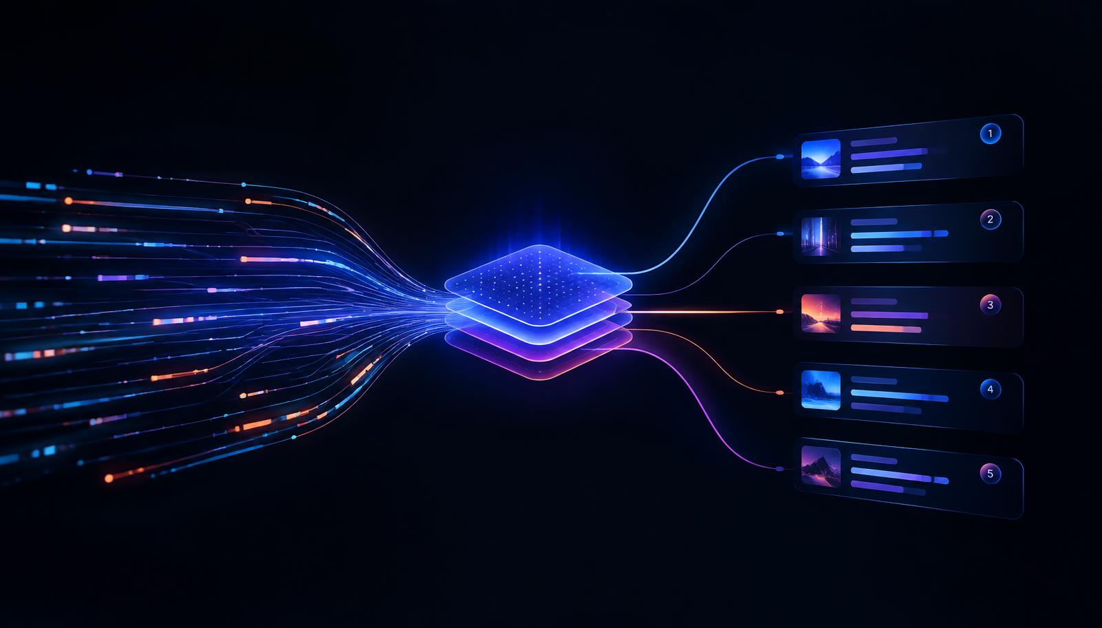 Data streams converging into a glowing intelligence layer that fans out into ranked decisions