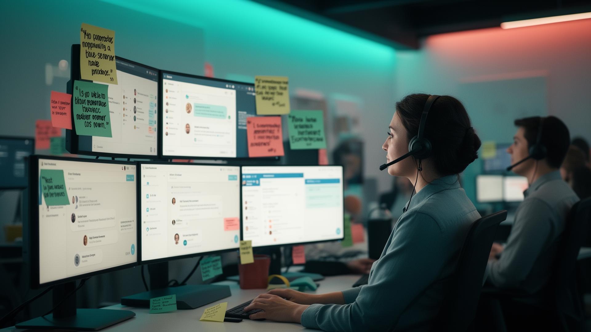 Streams of customer feedback bubbles converging into a single funnel of insight